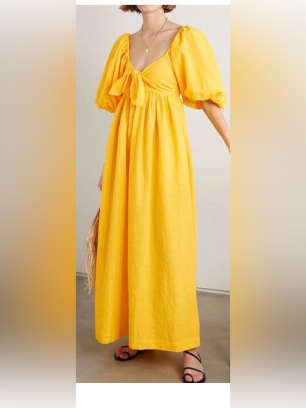 MARA HOFFMAN SWIM Yellow Puff-Sleeve Maxi Dress with Front Knot